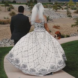 Black and white embroidered wedding dress